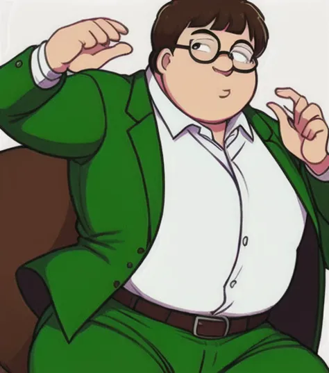 Peter Griffin, brown hair, glasses, double chin, white button-up shirt, green pants, belt, brown shoes, solo, portrait, fat, overweight, obese <lora:merunyaaStyleLORA_v2:0.6> art by merunyaa