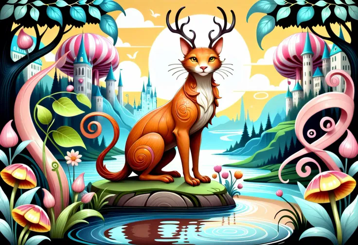 Photographic style capturing wide-angle views of landscapes or cityscapes, often resulting in expansive and immersive images, Whimsical illustration of anthropomorphic animals in a whimsical setting, Whimsical, Illustration, Anthropomorphic Animals, Whimsi...