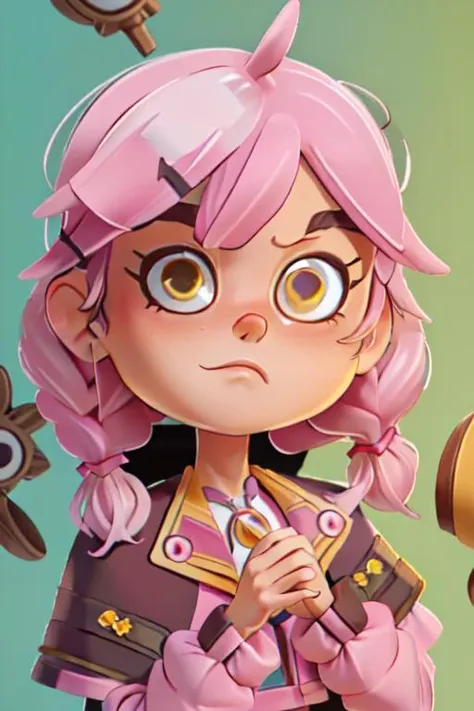 a cartoon girl with pink hair and a pink outfit holding a brown owl