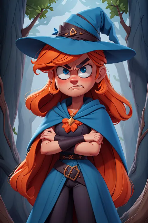 a cartoon girl in a witch hat and cape stands in a forest