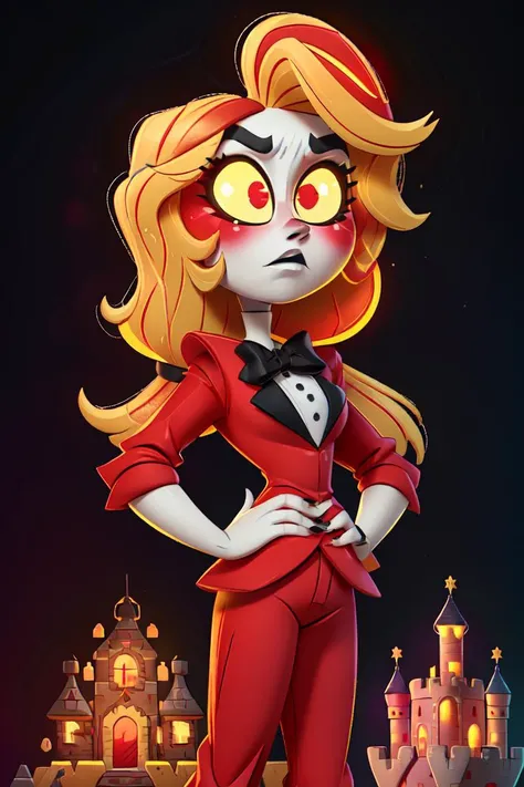 (charlie morningstar:1.2), (blonde hair, white skin, red blush, yellow sclera, red iris:1.5), long hair, (business suit, red suit, red pants, black bowtie, white undershirt:1.5), tall, slim, (dark hell themed background, hell, hell background, castle in he...