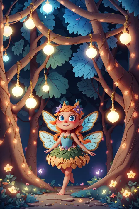 a cartoon fairy standing in a forest with fairy lights