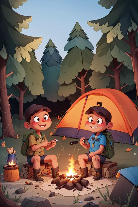 two children sitting around a campfire with a tent and a campfire