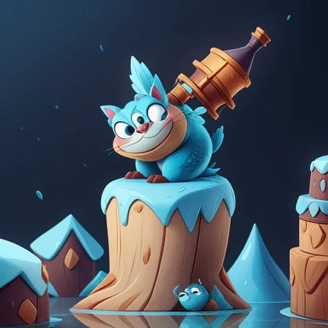 there is a blue cat sitting on top of a tree stump