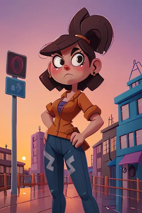 cartoon girl standing on a city street with a traffic light