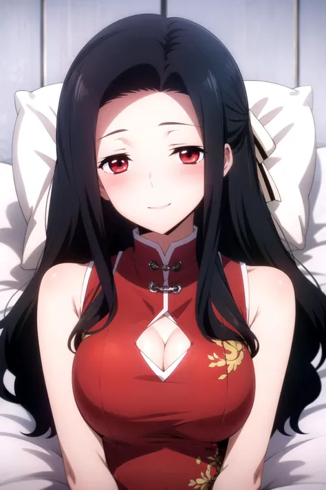 anime girl in red dress sitting on bed with white sheets