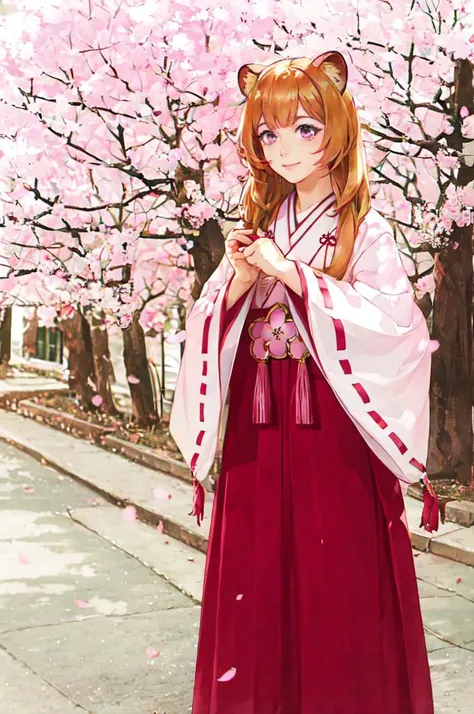 solo, light smile,  <lora:shieldhero_raphtalia_v2:0.8> raphtalia, raccoon tail, japanese clothes, kimono, ribbon-trimmed sleeves, red hakama, skirt, <lora:b34t_instograph_v2:2>, cherry blossoms,, ultra detailed, masterpiece, best quality, aesthetic, detail...