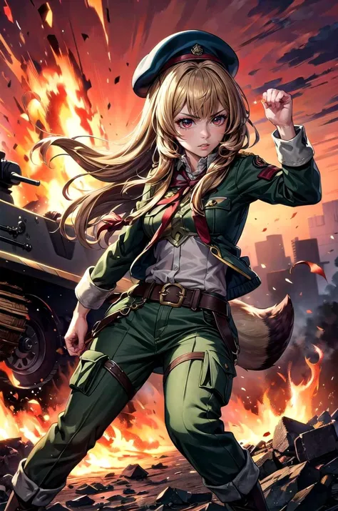 (masterpiece, best quality, detailed), 1girl, solo, looking at viewer, raphtalia, raccoon tail,
military uniform, military, soldier, belt, green pants, metal, camouflage, beret, green jacket, world war ii, war, military vehicle, battlefield, battle, dust, ...