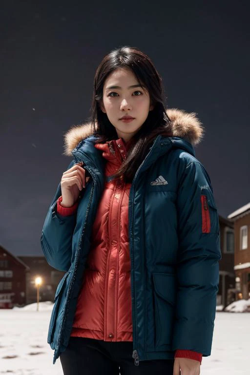 masterpiece, best quality, ultra-detailed, ultra high res, (photorealistic:1.4), raw photo, (realistic:0.2), CG, 8k HDR, cinematic lighting, 1girl, solo, looking at viewer, (winter clothes, padded jacket), outdoor, (snow, snowflakes), night, aurora sky, up...