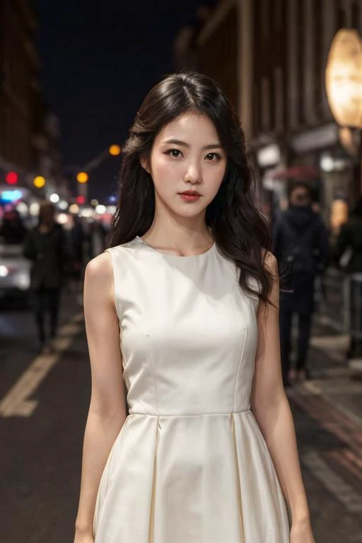 1girl, solo, (upper body:1.2), (slim body), standing, closed mouth, long hair, (small breast:1) ((elegant sleeveless dress)), lips, (photorealistic:1.4), masterpiece, 8k HDR, (realistic:0.2), cinematic lighting, colorful light, (looking at viewer), city st...