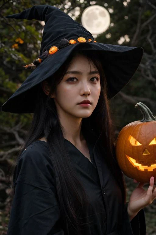 1girl, solo, 4k HDR, realistic, ultra detailed, natural lighting, wearing a witch outfit with long hair, halloween theme background with gloomy pumpkin glowing in the dark and full moon, scattered cloud, asymmetrical long hair, black hair, (detailed face),...