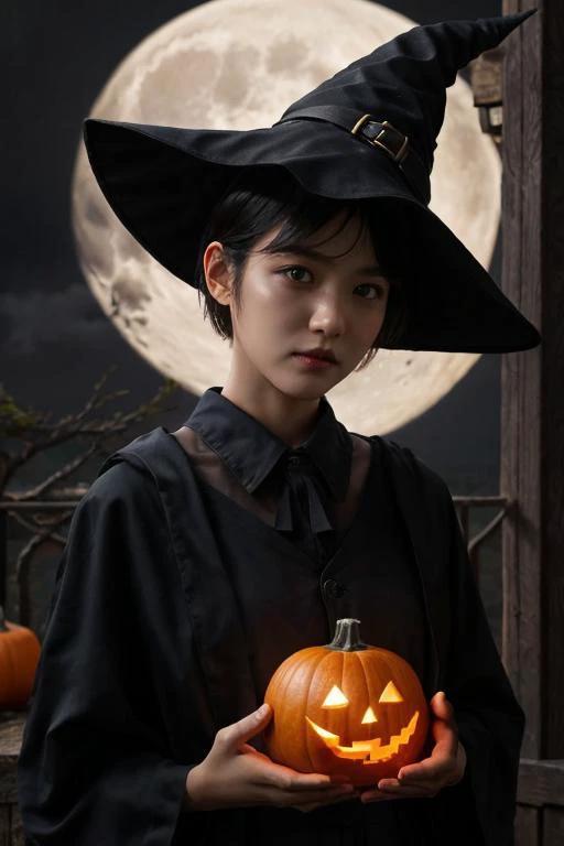 1girl, solo, 4k HDR, realistic, ultra detailed, natural lighting, wearing a witch outfit with short hair, halloween theme background with gloomy pumpkin glowing in the dark and full moon, scattered cloud, asymmetrical short hair, black hair, (detailed face...