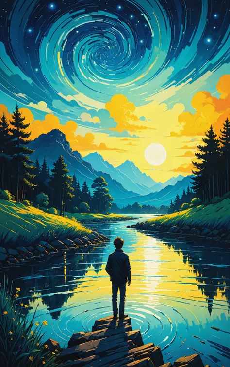 Art by James R. Eads, Swirling and flowing lines define the vivid landscapes and sky, drawing inspiration from Van Goghs Starry Night. each piece appears as a vision or a dream with psychedelic colors and a sense of movement that suggests a connection to t...