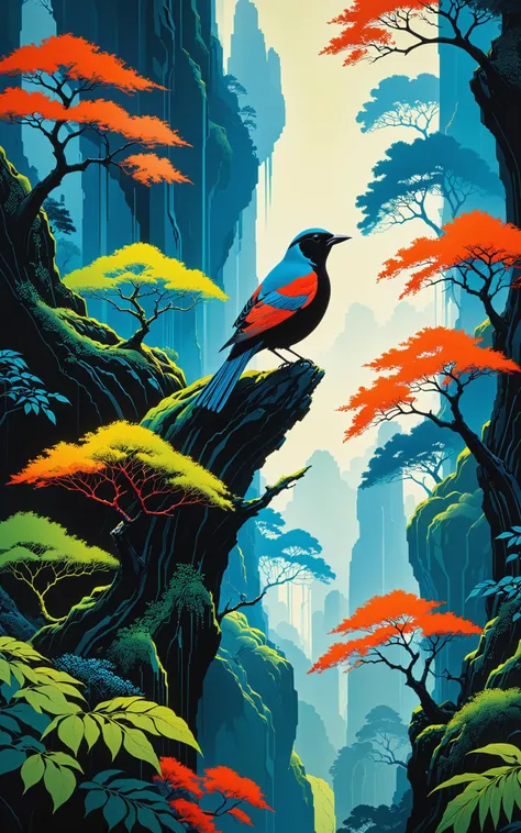 Eyvind Earle . birds (1968) Serigraph on paper, ultra hd, realistic, vivid colors, highly detailed, UHD drawing, pen and ink, perfect composition, beautiful detailed intricate insanely detailed octane render trending on artstation, 8k artistic photography,...