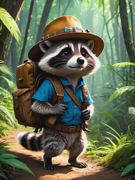 adventurous cute funny raccoon, donned a tiny explorers hat and carried a mini backpack, walk in wild colorfully jungle, detailed fur, oversaturated, by Jean-Baptiste Monge, Gilles Beloeil, Tyler Edlin, Marek Okon, Pixar, 8k, album art, comic style, golden...