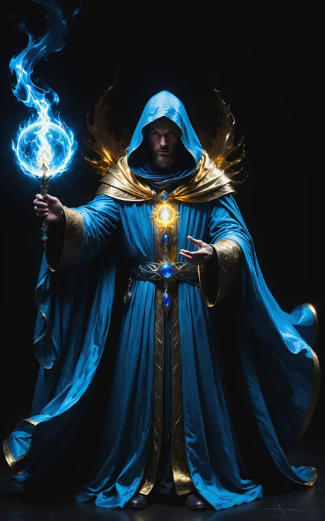 In the dark space, a figure wrapped in a cloak and blue flames, clutching a golden orb with his hands from which silver light radiates wildly, the figure desperately trying to suppress the silver light with blue flames, urgency, tension.<lora:xl_more_art-f...