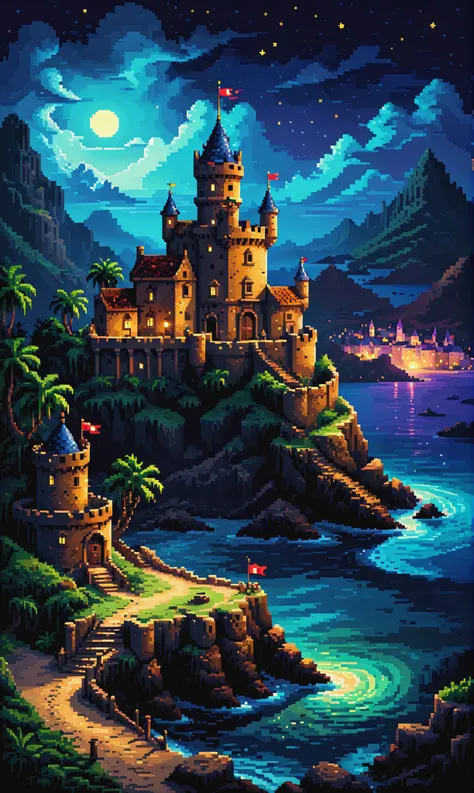 pixel style, in the night, an ancient dakness castle on an isolated island, with a European style, sharp focus, 8k<lora:xl_more_art-full_v1:0.3> <lora:pixel_art:0.6>