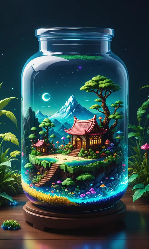 A jar encapsulating a fantastical realm, pixel art style, high saturation, vibrant hues of an enchanting landscape contained within glass, floating islands, mythical creatures visible through the transparency, twinkle of magical elements, depth illusion cr...