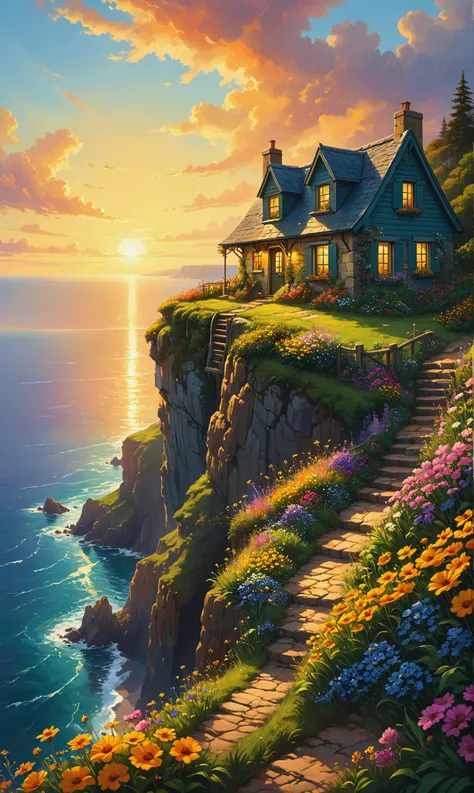 A breathtaking digital painting depicting a small countryside cottage perched on the edge of a towering cliff overlooking a vast ocean. The scene is bathed in warm golden light as the sun sets, creating a sense of peaceful solitude and wonder. The cottage ...