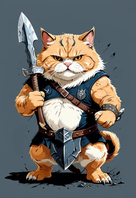 (hd, masterpiece, best quality, hyper detailed, ultra detailed, super realistic),barbarian cat holding a battle axe in both hand...