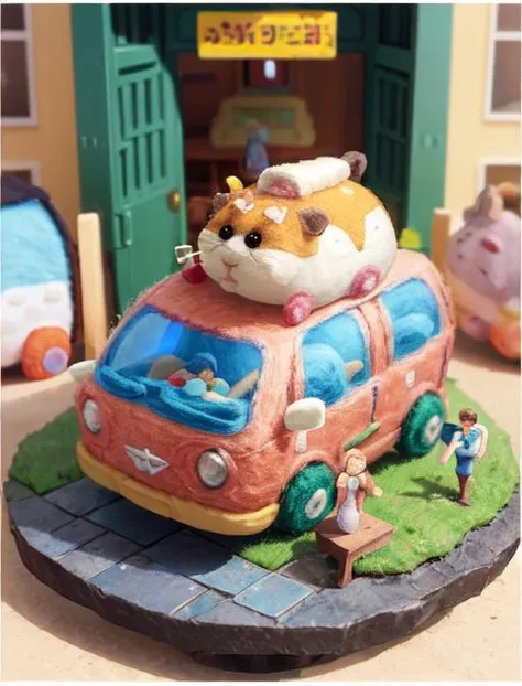 there is a cake shaped like a bus with a hamster on top