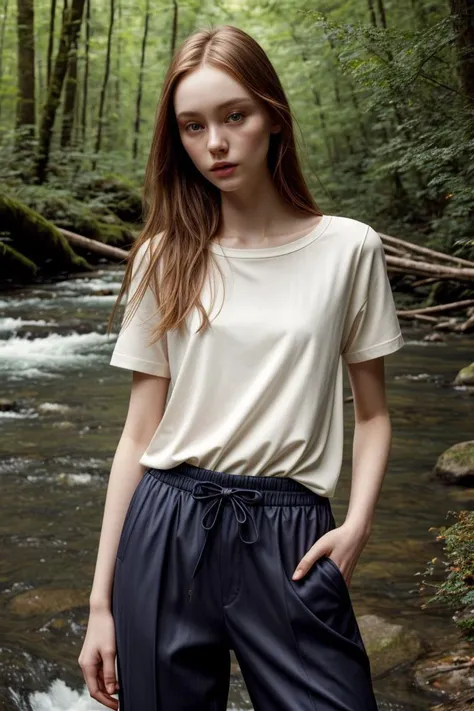 a woman standing in front of a stream wearing a white shirt and black pants