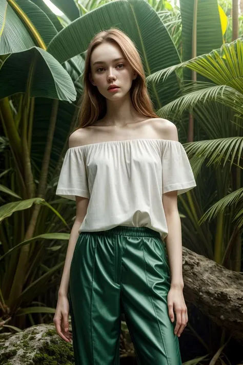 a woman in green pants and a white top standing in front of a tree