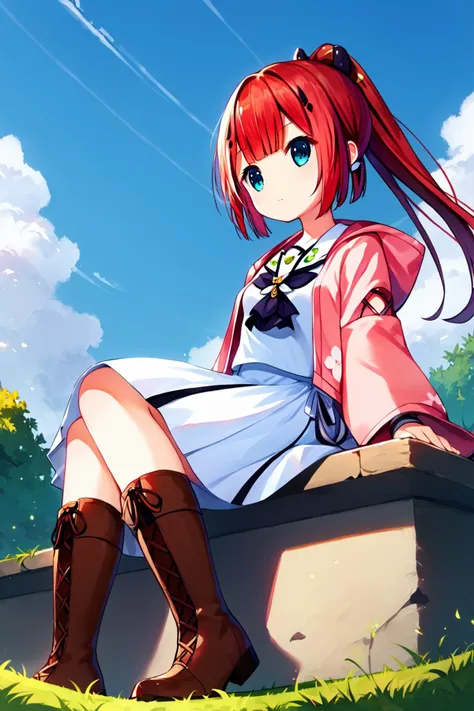 anime girl sitting on a wall with her legs crossed