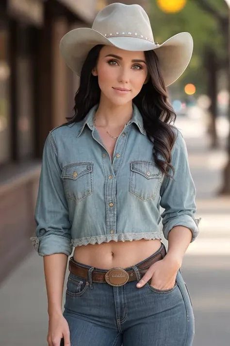 JÉnn$ ((Wearing a western shirt)), ((Professional Photo Shoot)), ((in the city)), model shoot style, ((Real skin with pores)), extremely intricate, High Detail, Sharp focus, dramatic, soft cinematic light, (looking at viewer), (Real Eyes), (Detailed Eye C...