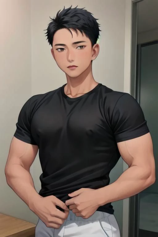 1boy,, masterpiece,best quality, syahnk,fushiguro toji,muscular male,black hair,black shirt,short sleeves,pants,monster