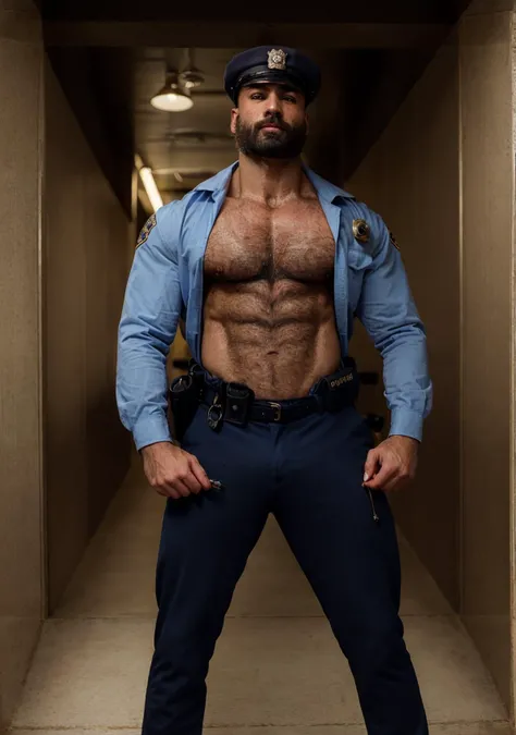 , handsome man juliant, (bald:1.2) (bushy beard:1.2)full body, studio portrait, police station, detailed background, cinematic lighting,  (blue-color:1.2), open clothes, blue pants, open shirt, (badge), holding cuffs, hat, police officer, belt, holster, bl...