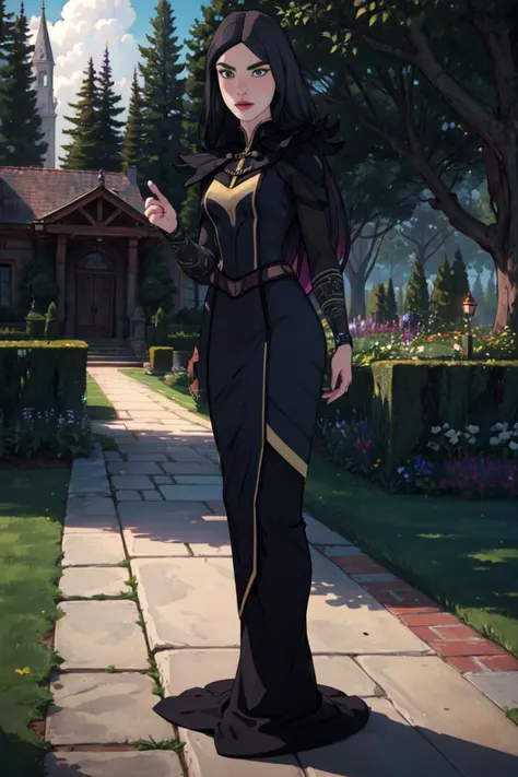 (Claudia), black dress, long hair, green eyes, purple magic, casting a spell,  (garden, brick path, trees), (realistic:1.2), (masterpiece:1.2), (full-body-shot:1),(Cowboy-shot:1.2), dark romantic lighting, (highly detailed:1.2), (detailed face:1.2), (gradi...