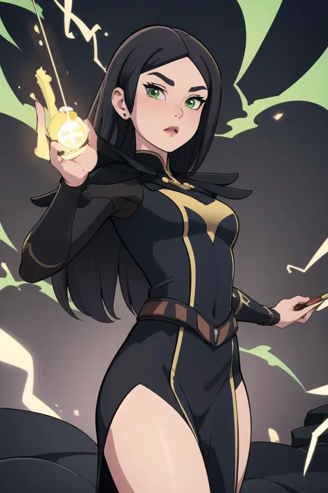 ((masterpiece,best quality)), absurdres, <lora:DragonPrinceClaudia-10:0.7>, Claudia, green eyes, black dress, long hair,
solo, spell casting, swirling magic, electricity, glowing, looking at viewer, cowboy shot, cinematic composition, dynamic pose