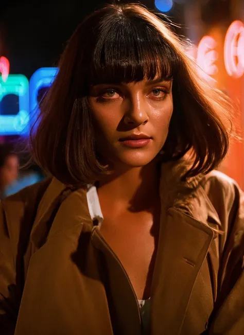 A stunning intricate colorful portrait of beautiful woman M14W4114CE <lora:M14W4114CE:0.7>, [blade runner+kill bill] style, wearing brown coat, bobcut hair, makeup, magic eyes, rain, smoke, (neon lighting:1.2), epic character composition, by ilya kuvshinov...