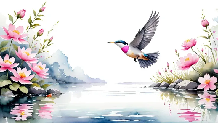 breathtaking bird in flight over water with pink flowers, in the style of serene watercolor paintings, nostalgic atmosphere, simple designs, white background  . award-winning, professional, highly detailed