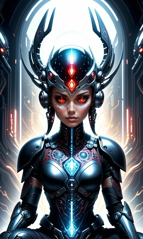 a woman in armor sitting on a chair with a sci - futuristic background