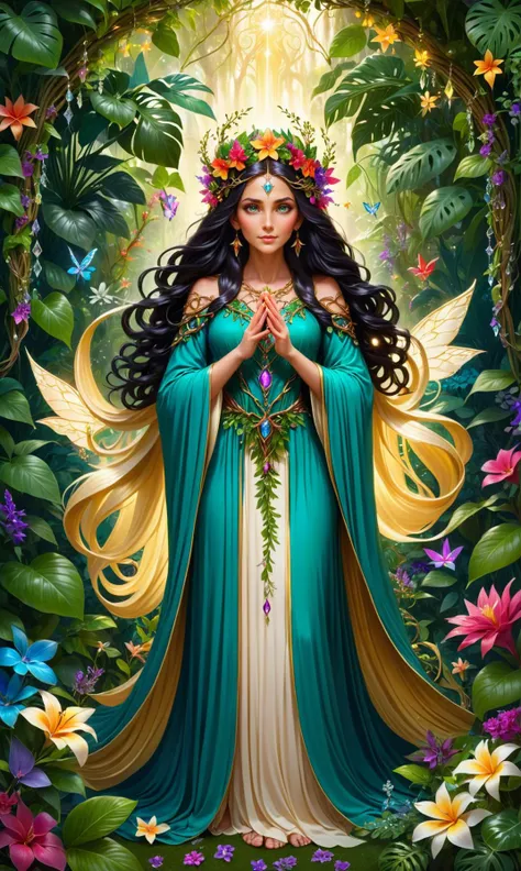 A beautiful blonde wiccan fairy goddess, adorned with intricate floral crowns and flowing robes, stands amidst a lush garden filled with vibrant, tropical flowers. Her long, dark hair cascades down her shoulders, blending seamlessly into the foliage. She h...