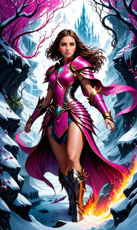 A beautiful portrait of a young woman with brown hair and dark eyes, wearing bright pink leather armor as she navigates the treacherous underworld in this epic fantasy setting. Her dress is adorned by magical scales that seem to float on fire from her belt...