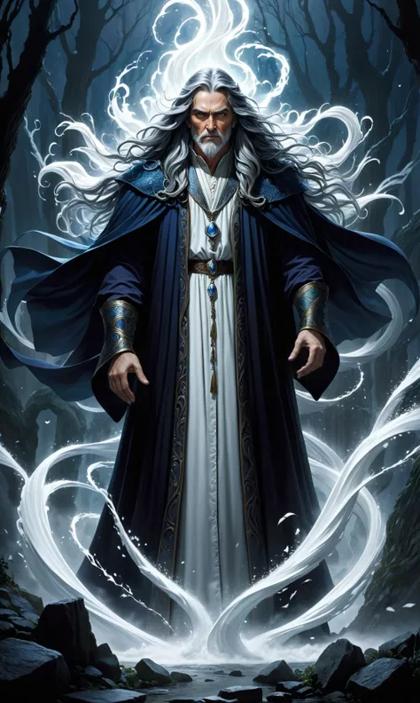 An overwhelmingly beautiful and majectic portrait of a malevolent wizard, with flowing hair that ripples in the wind as he stands amidst his followers. The ultra-detailed 2000s Raw photo captures its mystical aura while maintaining an eerie atmosphere remi...