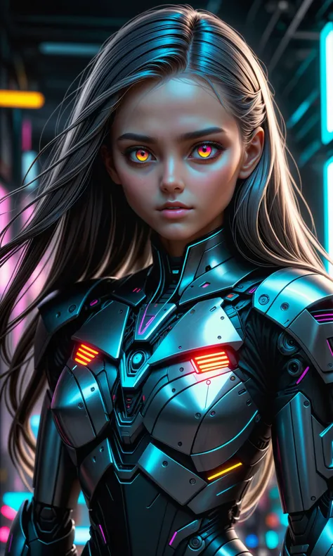 Concept art of a beautiful, highly detailed humanoid with long thin hair and glowing neon eyes. High-definition quality film grain casting for an unrealistic moody vibe while maintaining realism by adding depth to the characters appearance in cinematic det...