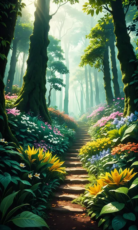 A film still of a lush garden full ole forest, adorned in flowers that sway gently like leaves. The scene is immersive and evokes vivid colors from pastures with remarkable spatial clarity on cinematic color grading systems inspired by the intricate fabric...