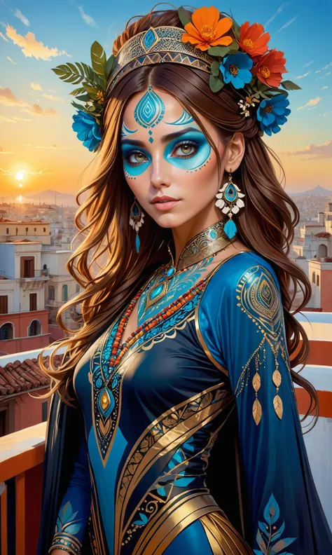 An overwhelmingly beautiful and majectic portrait of a charming lady, dressed elegantly in contemporary fashion. She is adorned with intricate body paint in a bohemian style, adding an artistic touch to her character. The scene unfolds on the rooftop terra...