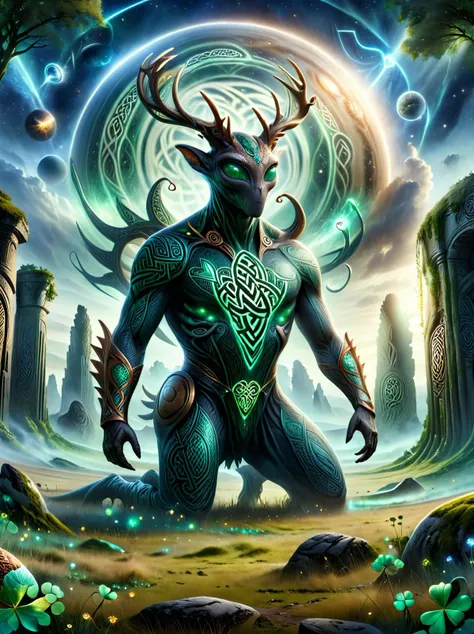 ((Masterpiece)) A majestic view of an alien savanna, where large, elegant creatures with antlers that resemble Celtic knots roam freely, under a giant, ringed planet visible in the day sky, ancient ruins scattered, (rule of thirds composition), (photoreali...