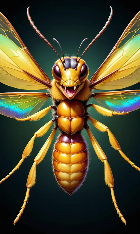 concept art of a hornet, yellow jacket, stinging somebody, angry expression, symmetrical iridescent wings, high quality, highly detailed <lora:Details:0.85>