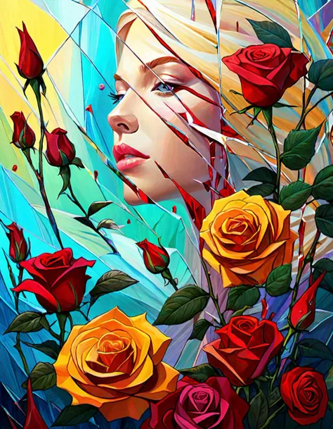 Positive prompt:
Compose a deeply emotional and visually stunning image featuring a young Norwegian woman, in the Garden of Eden, with delicate multicolored roses, incorporate abstract art elements conveying a broken glass effect, conveying shattered memor...