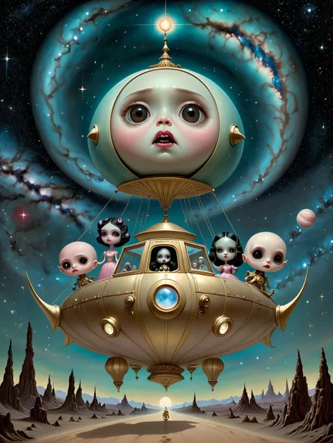 Celestial Caravan across the Milky Way ,  <lora:EnvyLiminalXL01:1> by Mark Ryden,<your mom is a cosmic horror by bruce brenneise and wayne haag,> [2035:9dadliest date], trending on Artstation, trending on cgsociety, grainy, muted