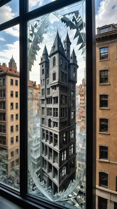 a highly detailed and masterful escher piece laser etched into a sheet glass, in a window of a building that looks like it was designed by escher, a view through the glass of the art blending into the city behind it