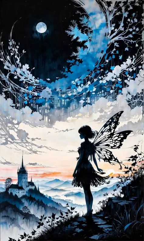 Silhouette style Painting, fairy tale, landscape of a [The Sword of Excalibur:Ljubljana:1], 1920S, at Dawn, Hopeful, intricate details, Bauhaus Art, monochromatic art by Junji Ito, Carne Griffiths . High contrast, minimalistic, black and white, stark, dram...