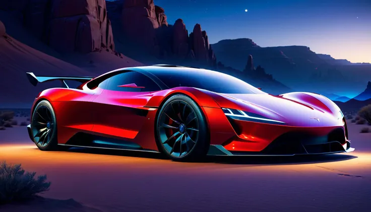 Photograph of a beautiful concept hyper car designed by Tesla, in the desert at night. High quality, very detailed, dramatic lighting. In the style of Pixars "the last airbender (2022) film aesthetic."A car with stunning and perfect body shape and anatomy....