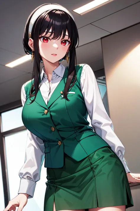 anime girl in green uniform posing for camera in office